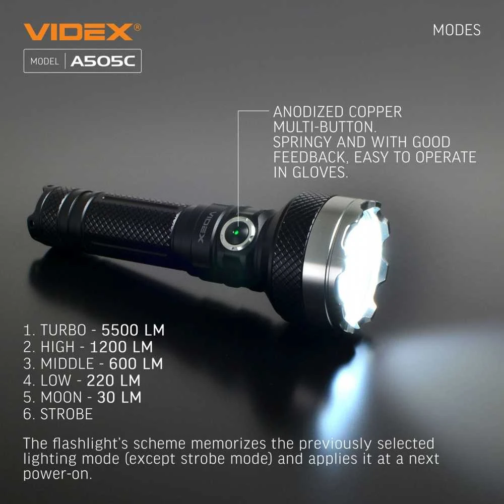 Įkraunamas kišeninis LED žibintuvėlis 4xLuminus SST40 20W, 5500Lm 5000K, Li-ion 21700 4000mAh, VIDEX VLF-A505C – Keturios LED diodai ir 500m spindulio atstumas