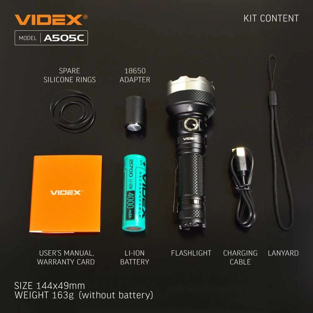 Įkraunamas kišeninis LED žibintuvėlis 4xLuminus SST40 20W, 5500Lm 5000K, Li-ion 21700 4000mAh, VIDEX VLF-A505C – Keturios LED diodai ir 500m spindulio atstumas