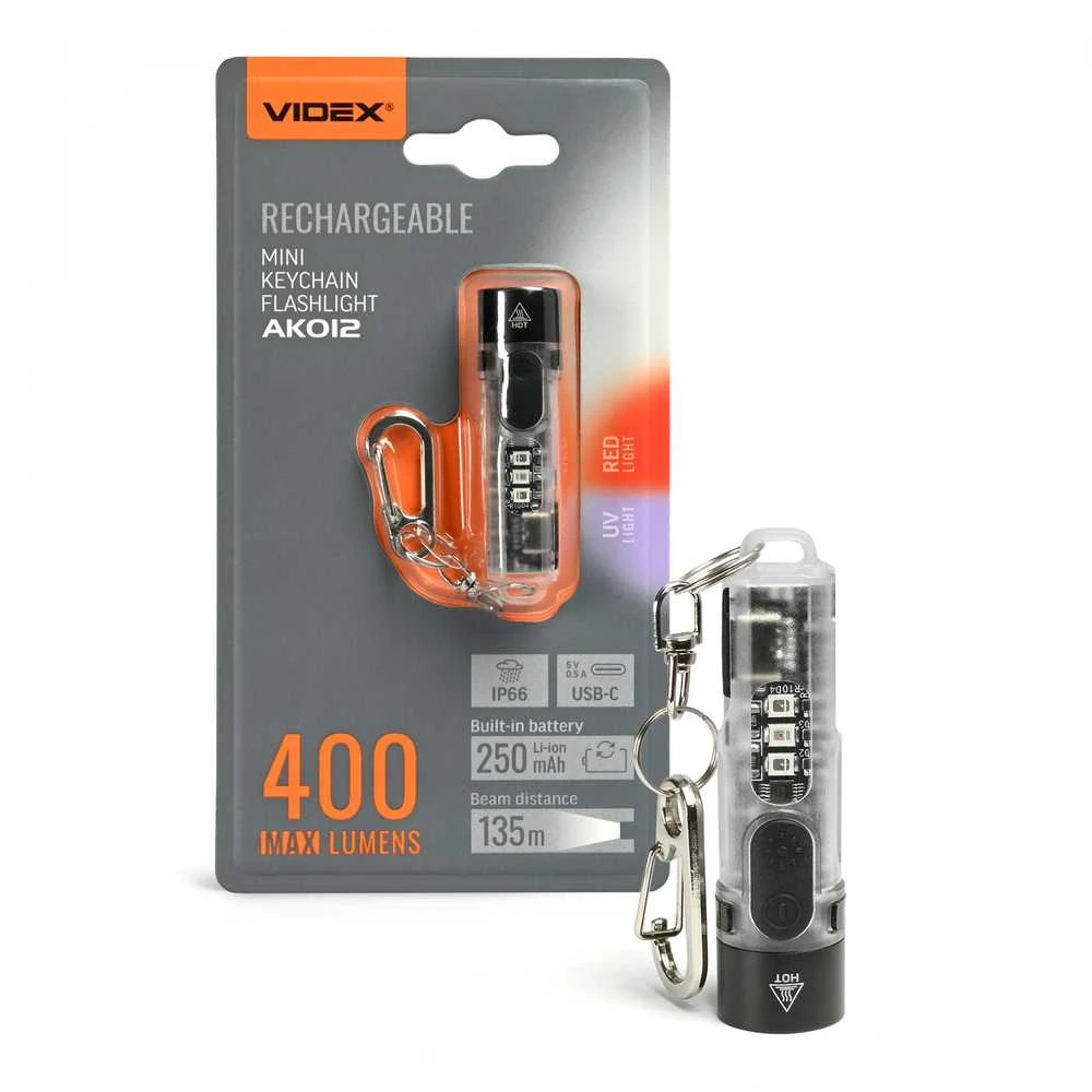 Mini LED žibintuvėlis Luminus SST20, Raudona/UV šviesa, 400Lm 5000K, Type-C 250mAh baterija, VIDEX VLF-AK012 – Raktų pakabuko formatas su įmontuotu UV režimu