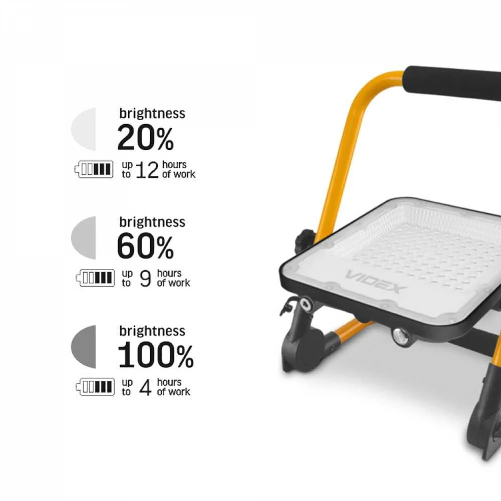 Nešiojamas įkraunamas LED prožektorius 50Wh 1600Lm 5000K IP65 Li-ion 10000 mAh, VIDEX VL-F2A-505 – Autonominis veikimas ir patvarumas statybvietėse