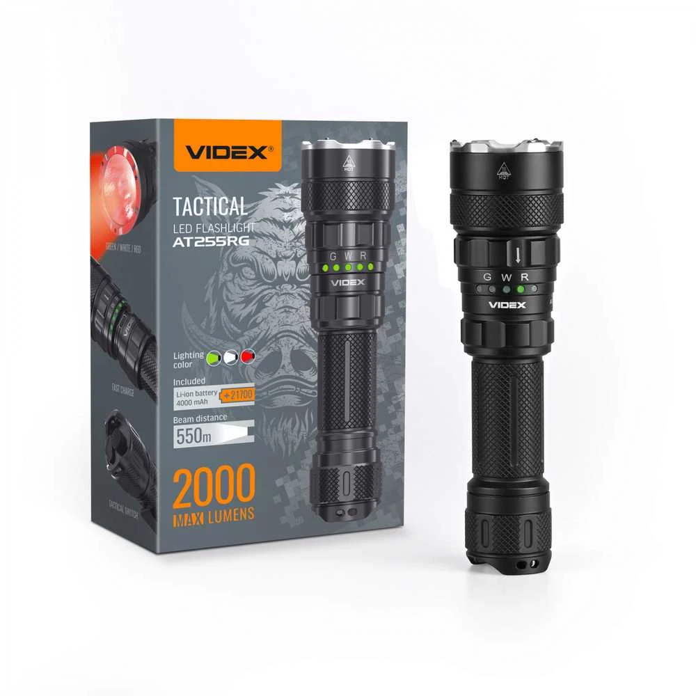 Taktinis LED ž žibintuvėlis Luminus SST40 20W, Raudona/Žalia šviesa, 2000Lm 5000K, Li-ion 21700 4000mAh, VIDEX VLF-AT255RG – Įmontuotos spalvotos šviesos