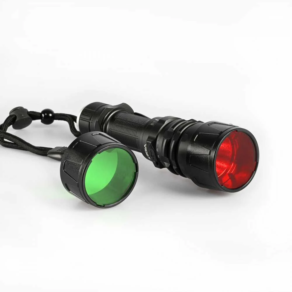 Taktinis LED žibintuvėlis Luminus SFT40 20W, 2000Lm 6500K, Li-ion 21700 4000mAh, VIDEX VLF-AT265 – Taktinis mygtukas, 650m atstumas ir spalvoti filtrai