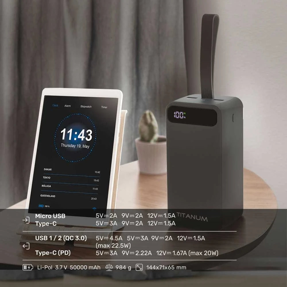 Didelės galios išorinė baterija 50000mAh 22.5W, Micro USB / Type-C / 2xUSB, greitas įkrovimas, juoda, TITANUM TPB-741S-B Juodas – Ekstremalios talpos maitinimo stotelė keliautojams ir ilgai autonomijai krizėse