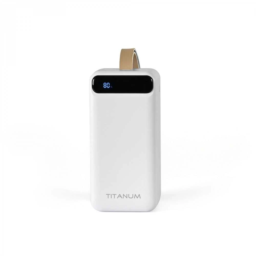 Didelės galios išorinė baterija 50000mAh 22.5W, Micro USB / Type-C / 2xUSB, greitas įkrovimas, balta, TITANUM TPB-741S-W Baltas – Super talpus nešiojamas energijos blokas nešiojamų kompiuterių ir telefonų daugkartiniam greitam krovimui