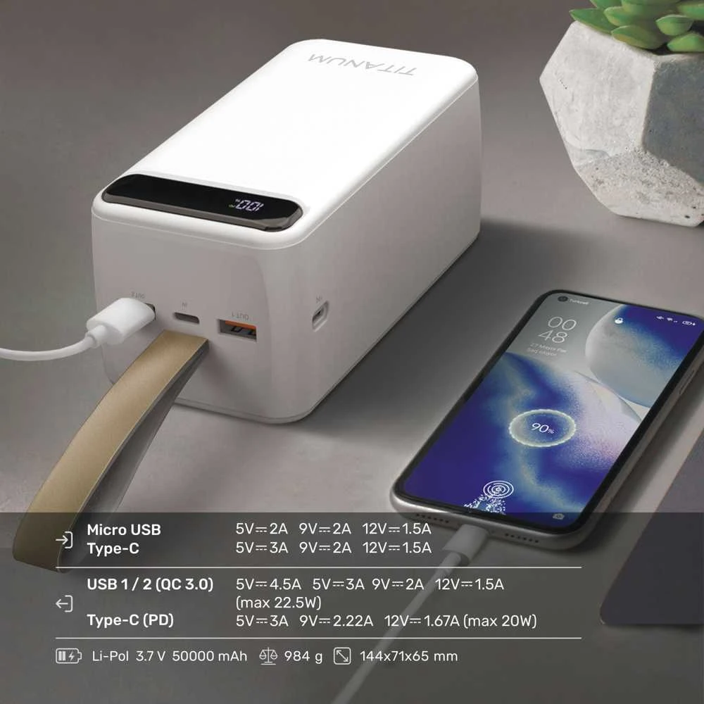 Didelės galios išorinė baterija 50000mAh 22.5W, Micro USB / Type-C / 2xUSB, greitas įkrovimas, balta, TITANUM TPB-741S-W Baltas – Super talpus nešiojamas energijos blokas nešiojamų kompiuterių ir telefonų daugkartiniam greitam krovimui