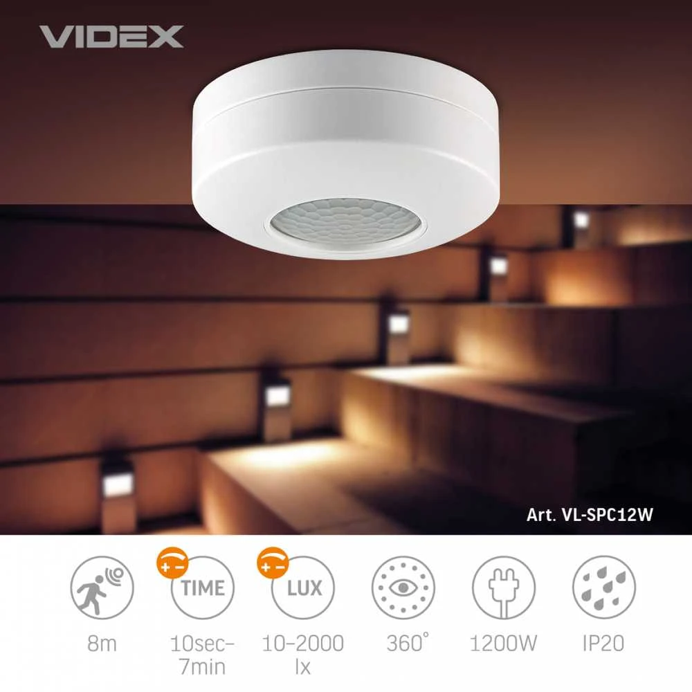 Judesio ir šviesos sensorius PIR 8m 10sec-7min 10-2000lx 360° IP20, VIDEX VL-SPC12W | baltas – Judesio aptikimas iki 8m atstumu ir platus 360° veikimo kampas