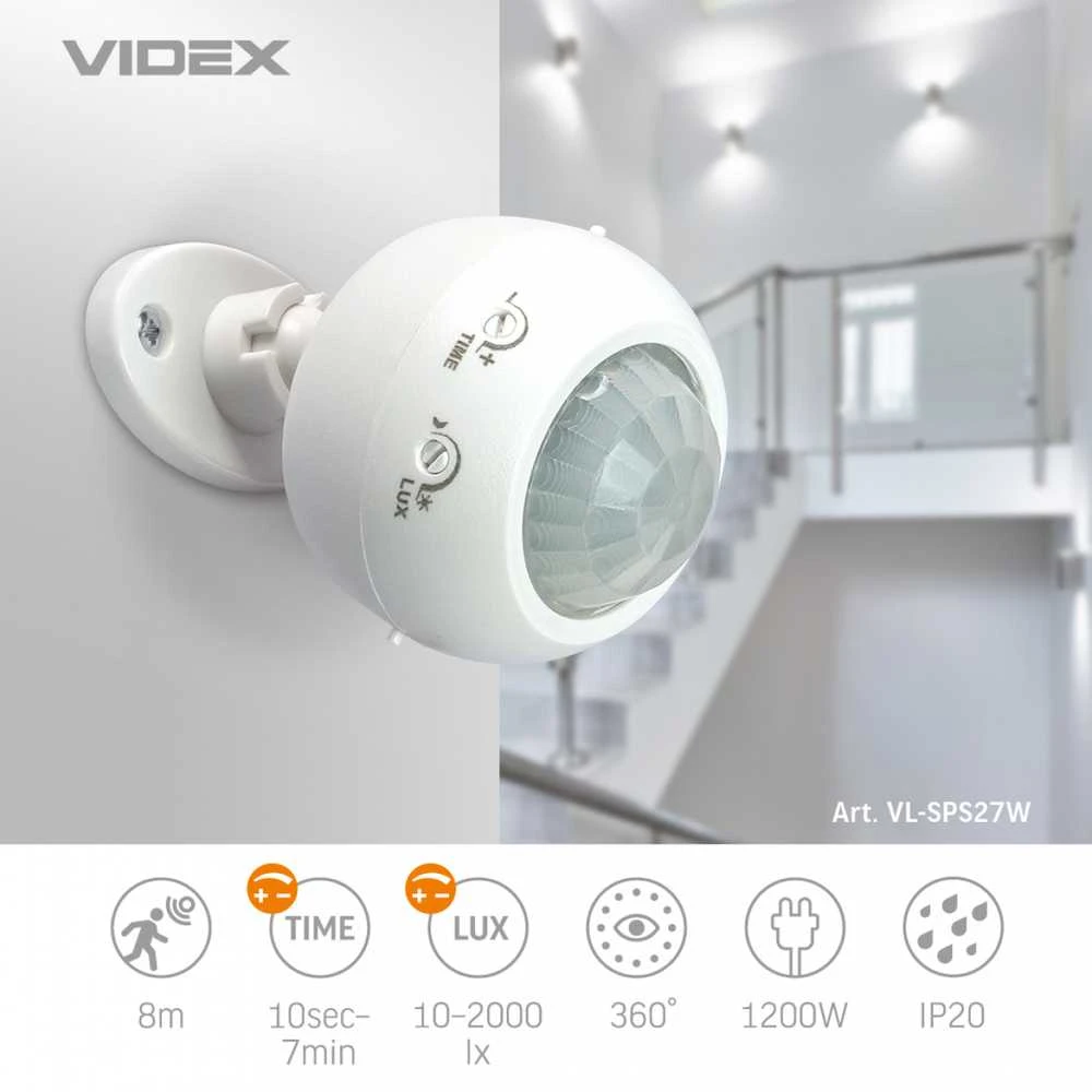 Judesio ir šviesos sensorius PIR 8m 10sec-7min 10-2000lx 360° IP20, VIDEX VL-SPS27W | baltas – Judesio aptikimas iki 8m atstumu ir platus 360° veikimo kampas