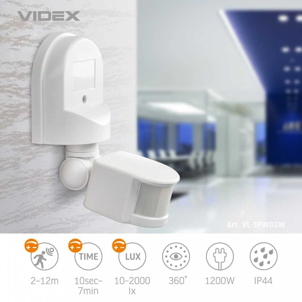 Judesio ir šviesos sensorius PIR 2-12m 10sec-7min 10-2000lx 180° IP44, VIDEX VL-SPW02W | baltas – Judesio aptikimas iki 2-12m atstumu ir platus 180° veikimo kampas