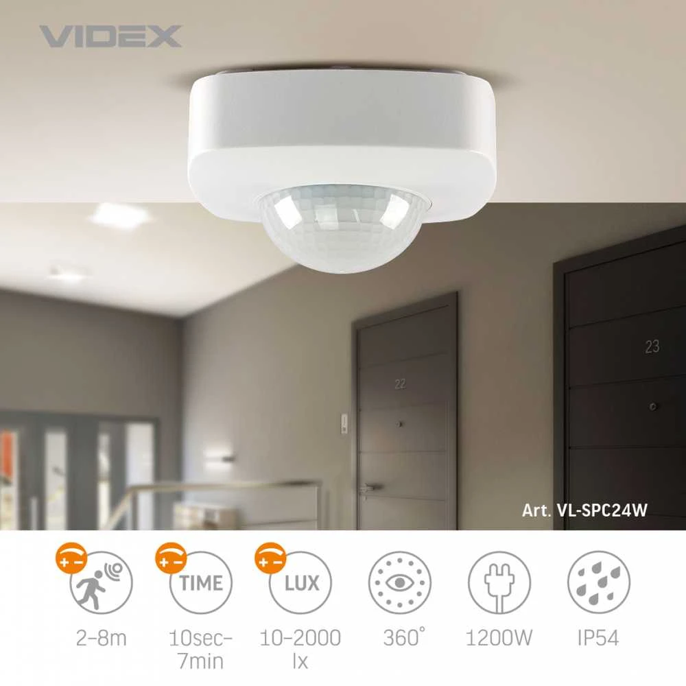Judesio ir šviesos sensorius PIR 2-8m 10sec-7min 10-2000lx 360° IP54, VIDEX VL-SPC24W | baltas – Judesio aptikimas iki 2-8m atstumu ir platus 360° veikimo kampas