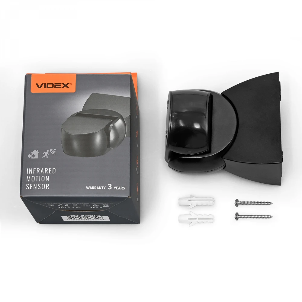 Judesio ir šviesos sensorius PIR 12m 10sec-15min 3-2000lx 160° IP65, VIDEX VL-SPW15B | juodas – Judesio aptikimas iki 12m atstumu ir platus 160° veikimo kampas