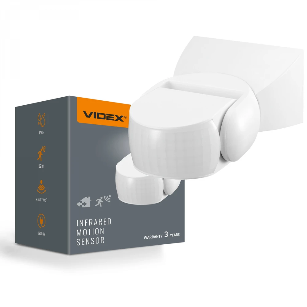 Judesio ir šviesos sensorius PIR 12m 10sec-15min 3-2000lx 160° IP65, VIDEX VL-SPW15W | baltas – Judesio aptikimas iki 12m atstumu ir platus 160° veikimo kampas
