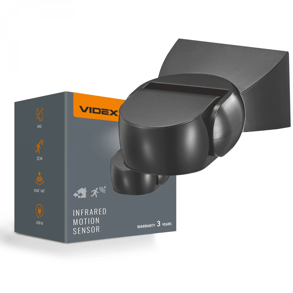 Judesio ir šviesos sensorius PIR 12m 10sec-15min 3-2000lx 160° IP65, VIDEX VL-SPW15B | juodas – Judesio aptikimas iki 12m atstumu ir platus 160° veikimo kampas