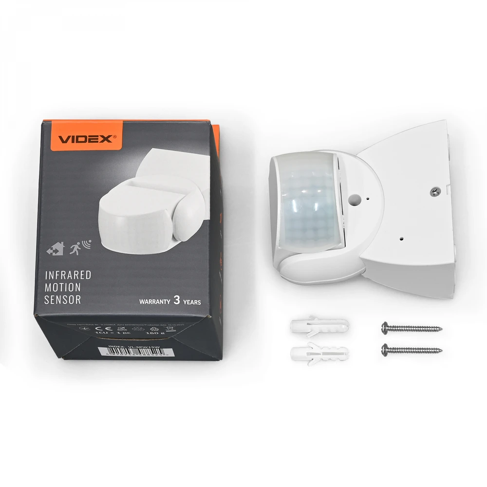 Judesio ir šviesos sensorius PIR 12m 10sec-15min 3-2000lx 160° IP65, VIDEX VL-SPW15W | baltas – Judesio aptikimas iki 12m atstumu ir platus 160° veikimo kampas