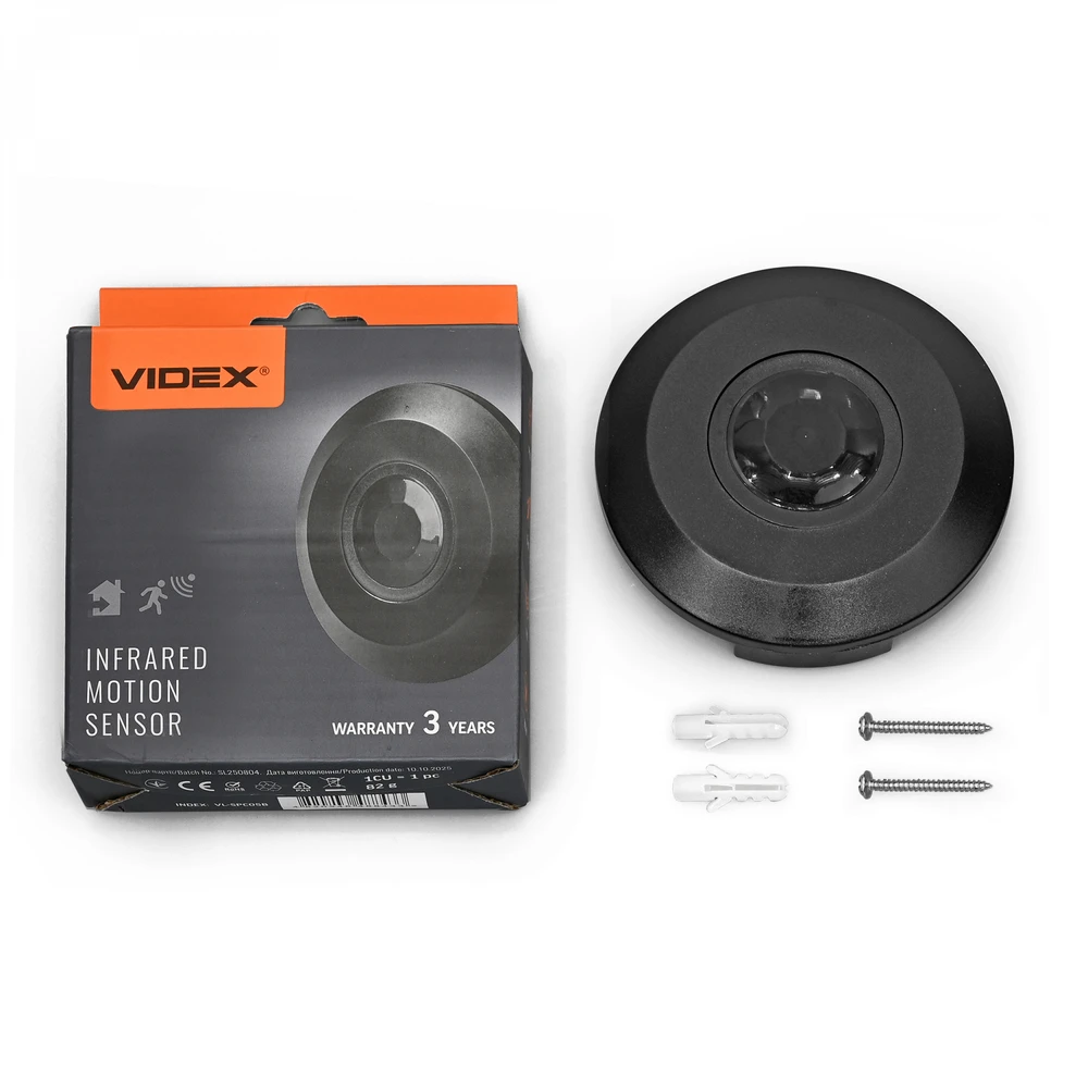 Judesio ir šviesos sensorius PIR 8m 10sec-15min 3-2000lx 360° IP20, VIDEX VL-SPC05B | juodas – Judesio aptikimas iki 8m atstumu ir platus 360° veikimo kampas