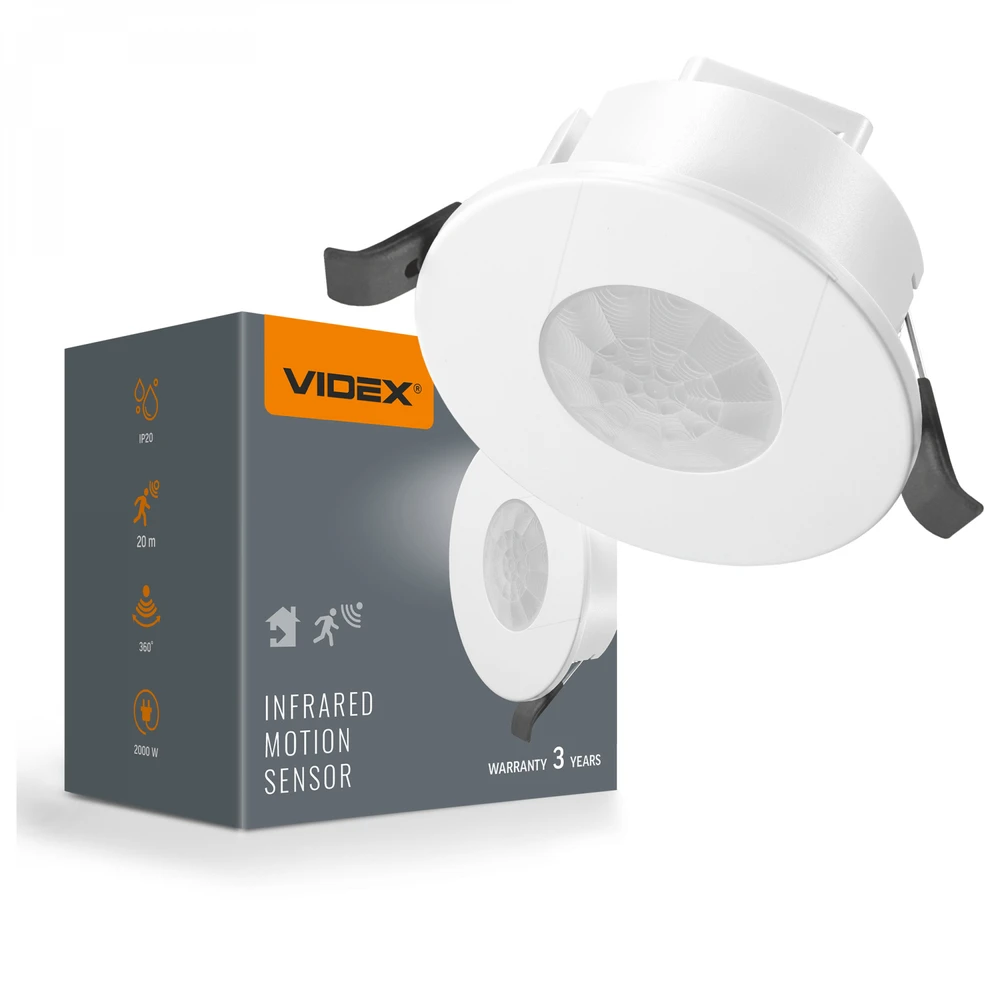 Judesio ir šviesos sensorius PIR 8m 10sec-15min 3-2000lx 360° IP20, VIDEX VL-SPR41W | baltas – Judesio aptikimas iki 8m atstumu ir platus 360° veikimo kampas