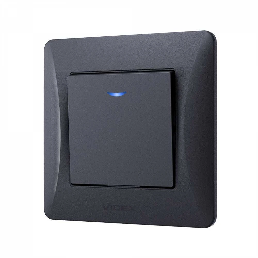 Potinkinis jungiklis 1 klavišo su LED foniniu apšvietimu, Videx Binera, juodas grafitas, IP20 VF-BNSW1L-BG – LED foninis indikatorius saugiam ir orientuojančiam šviesos įjungimui