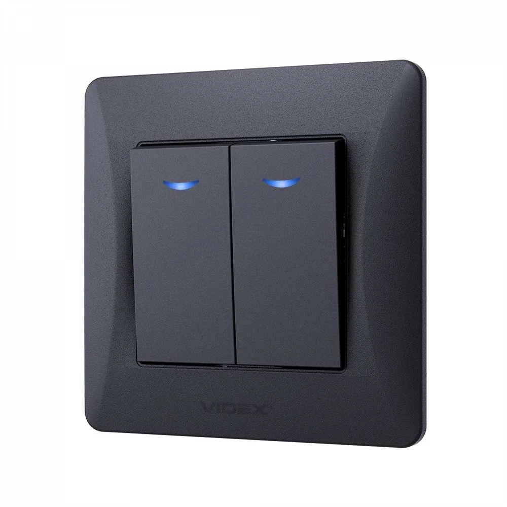 Potinkinis jungiklis 2 klavišų su LED foniniu apšvietimu, Videx Binera, juodas grafitas, IP20 VF-BNSW2L-BG – LED foninis apšvietimas greitam jungiklio suradimui tamsiu paros metu