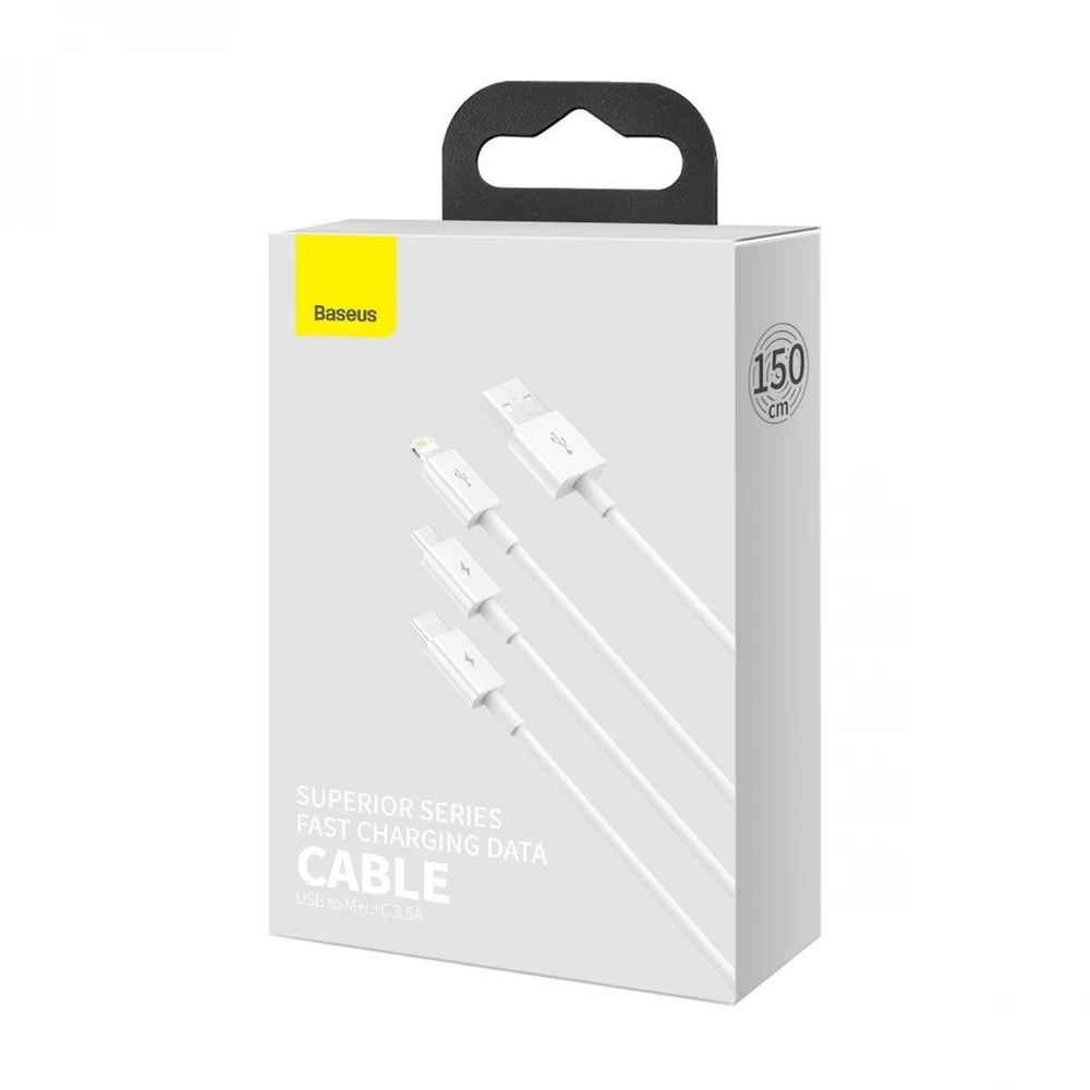 Kabelis Baseus Superior iš USB į microUSB+Lightning+Type-C 3.5A 1.5m baltas CAMLTYS-02