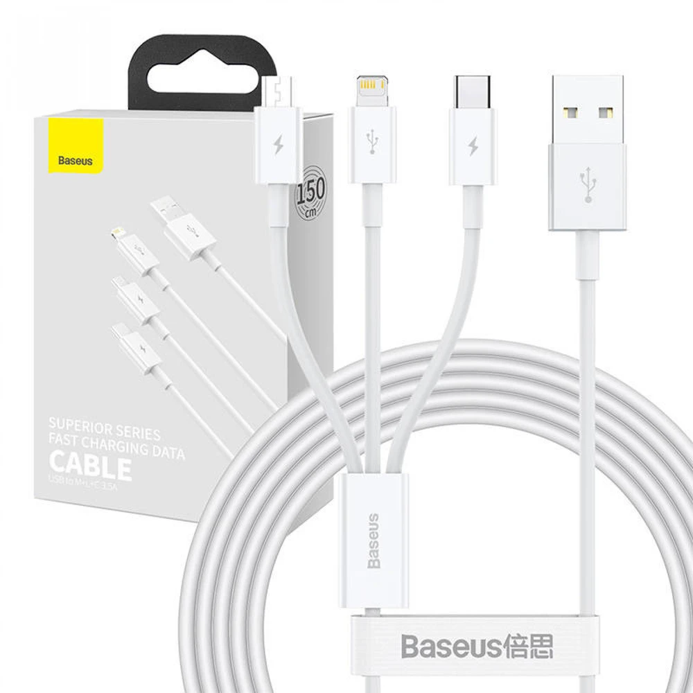 Kabelis Baseus Superior iš USB į microUSB+Lightning+Type-C 3.5A 1.5m baltas CAMLTYS-02