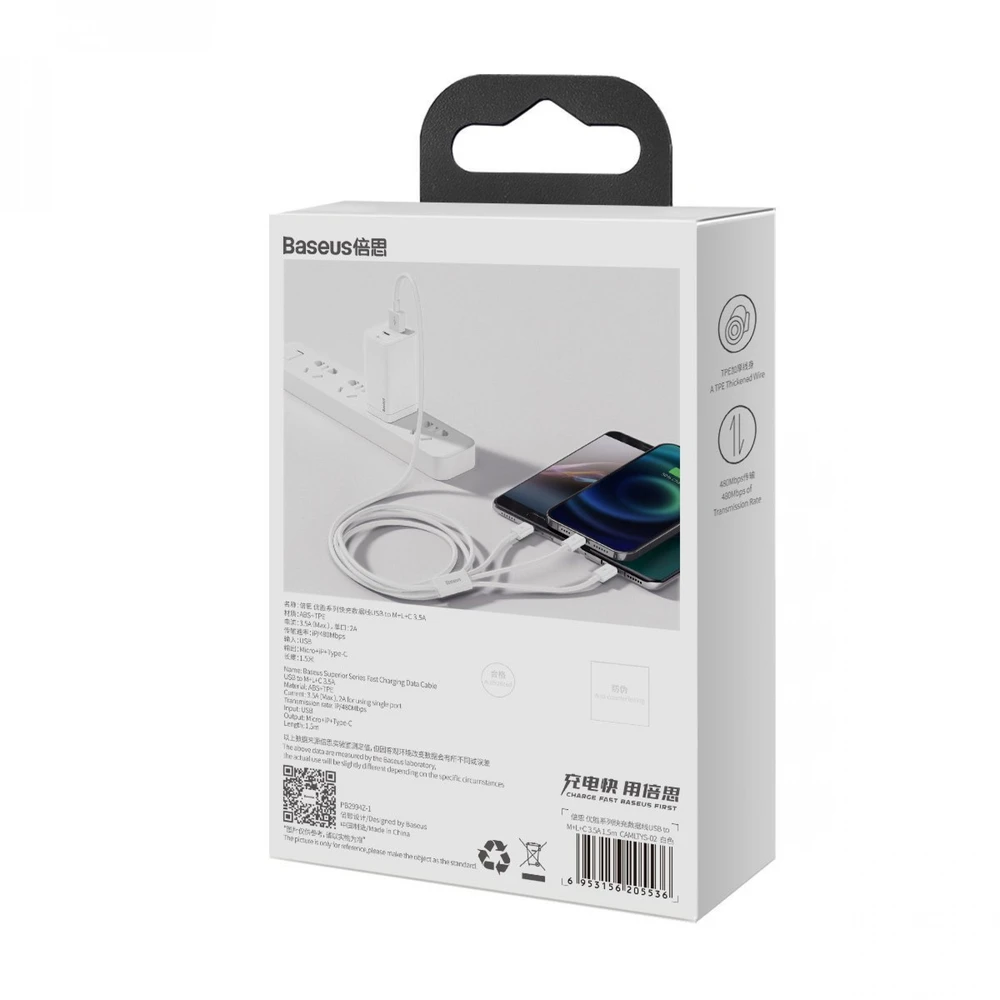 Kabelis Baseus Superior iš USB į microUSB+Lightning+Type-C 3.5A 1.5m baltas CAMLTYS-02