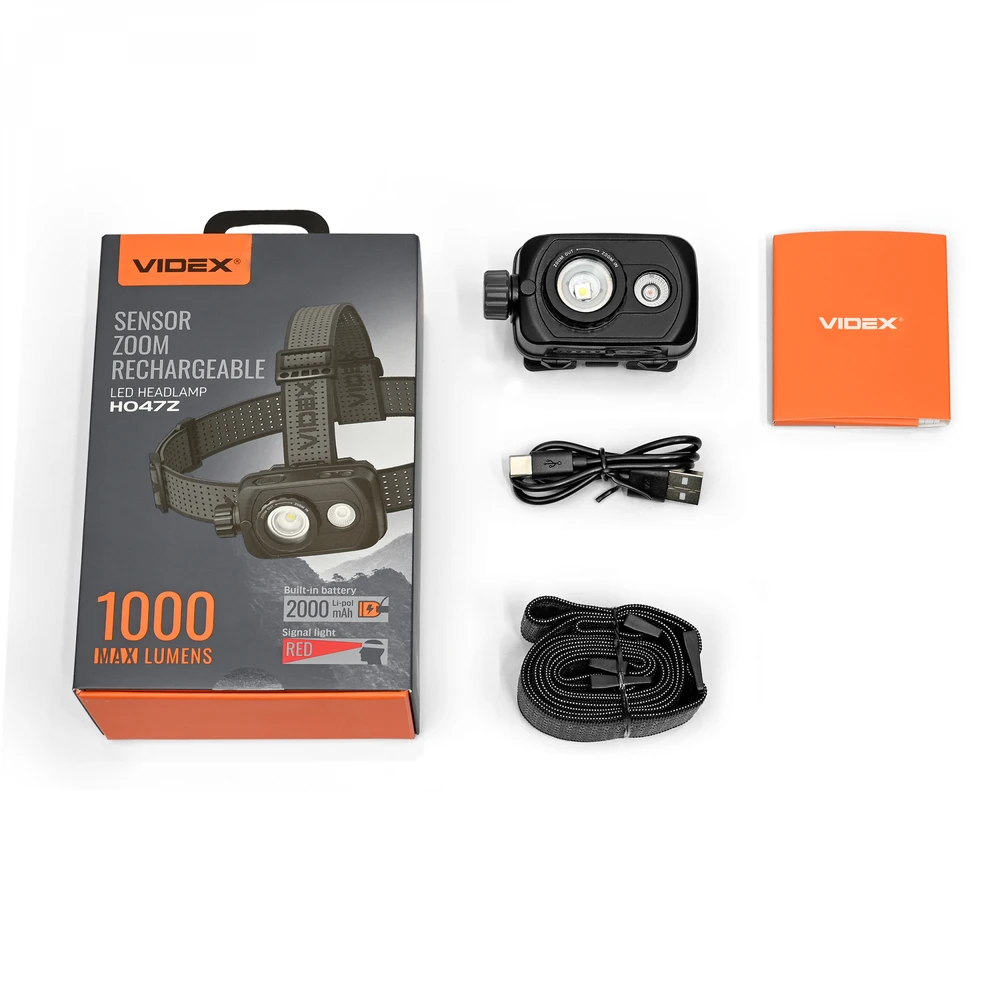 LED galvos žibintas su jutikliu įkraunamas 10W 1000Lm 5000K 2000mAh IP65 VIDEX VLF-H047Z | Raudona šviesa – Reguliuojamas šoninis jungiklis ir tikslus spindulio fokusavimas