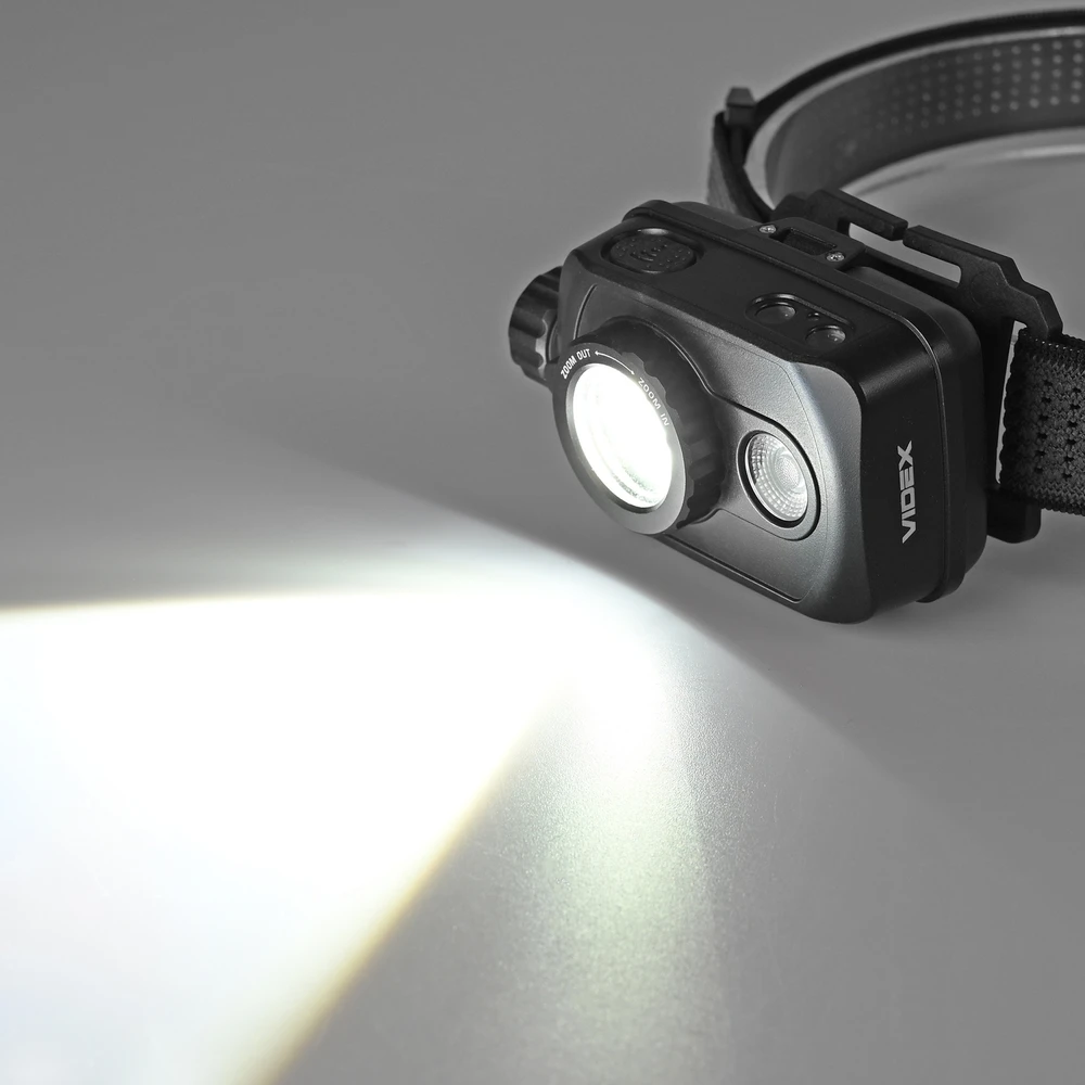 LED galvos žibintas su jutikliu įkraunamas 10W 1000Lm 5000K 2000mAh IP65 VIDEX VLF-H047Z | Raudona šviesa – Reguliuojamas šoninis jungiklis ir tikslus spindulio fokusavimas