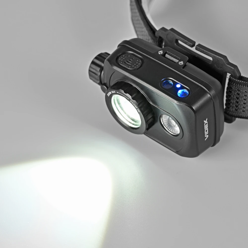 LED galvos žibintas su jutikliu įkraunamas 10W 1000Lm 5000K 2000mAh IP65 VIDEX VLF-H047Z | Raudona šviesa – Reguliuojamas šoninis jungiklis ir tikslus spindulio fokusavimas