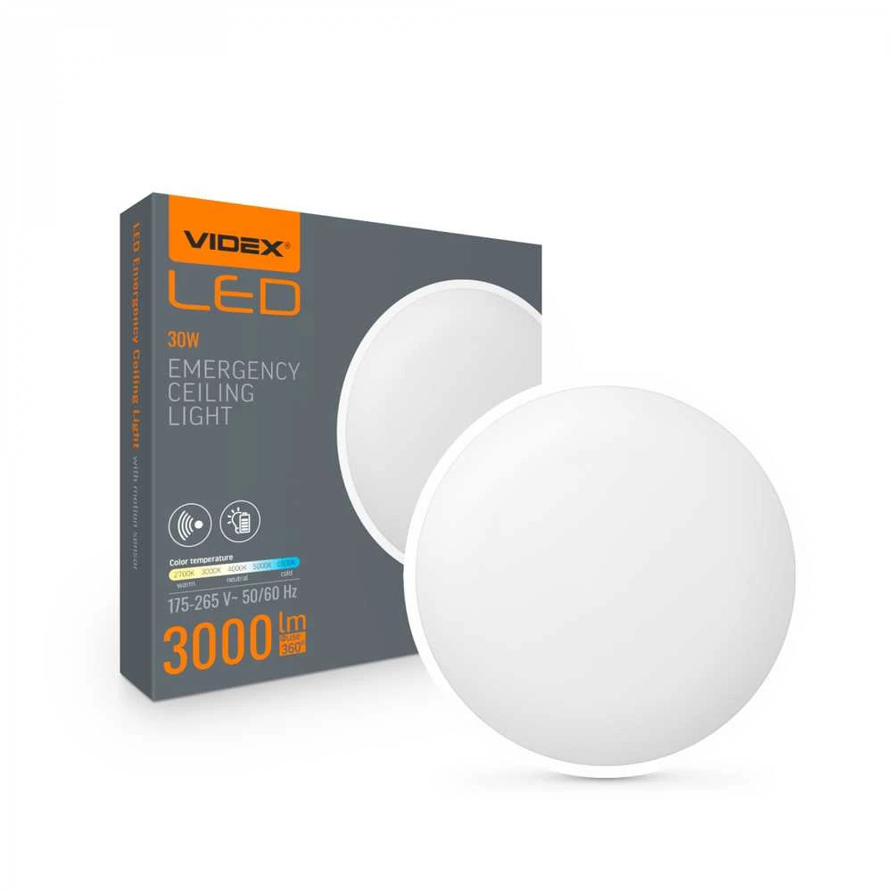 Lubinis šviestuvas Avarinis LED šviestuvas su jutikliu 15-30W 2700-6500K IP44, VIDEX VL-CLR-EM300-2 – Saugus evakuavimas ir automatinis judesio aptikimas
