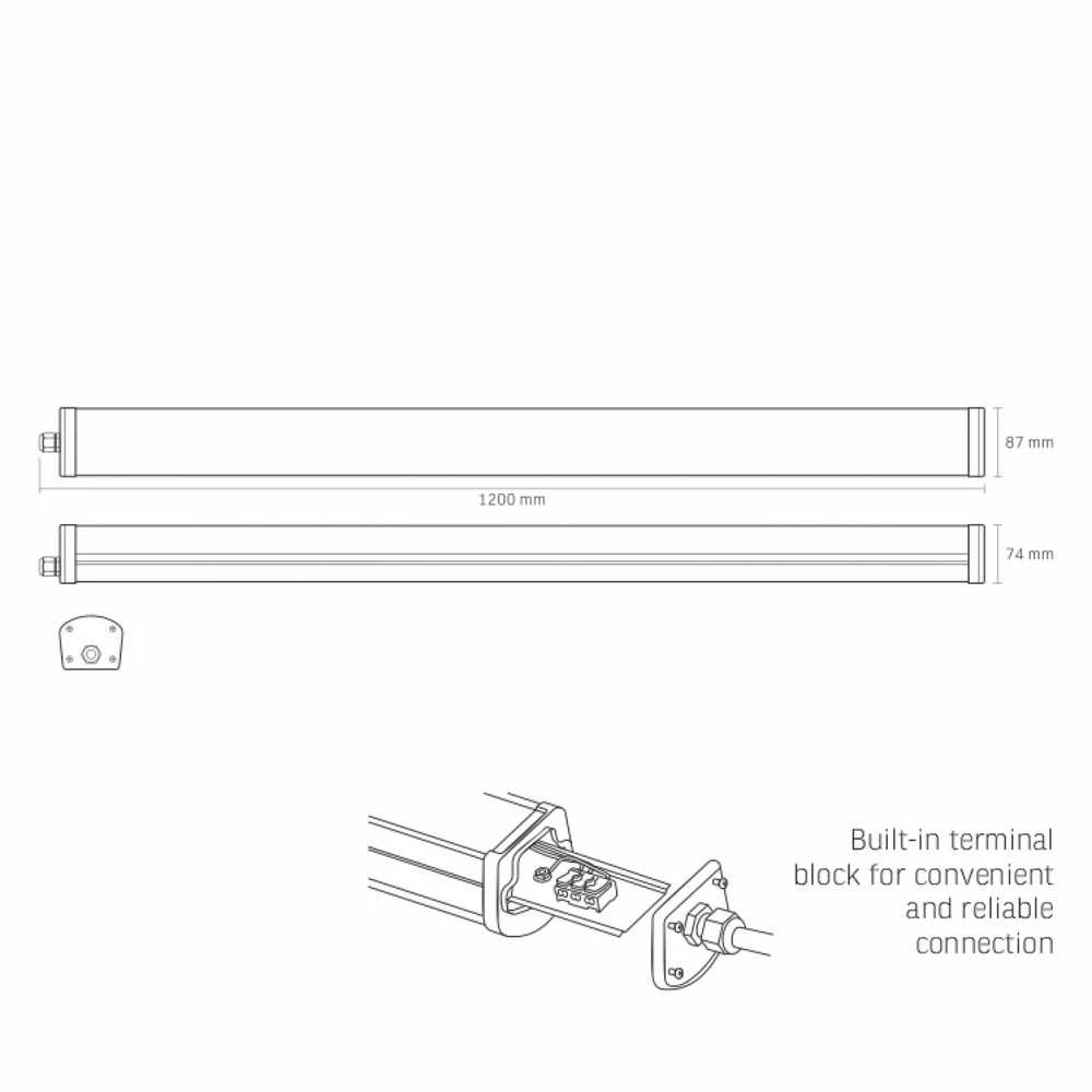 Lubinis šviestuvas Drėgmei atsparus linijinis šviestuvas LED 48W 1200mm 6000Lm 4000K IP65, VIDEX VLE-BNW-48124 | HERMES, lauko, baltas – Tri-Proof IK08 atsparumas drėgmei ir dulkėms