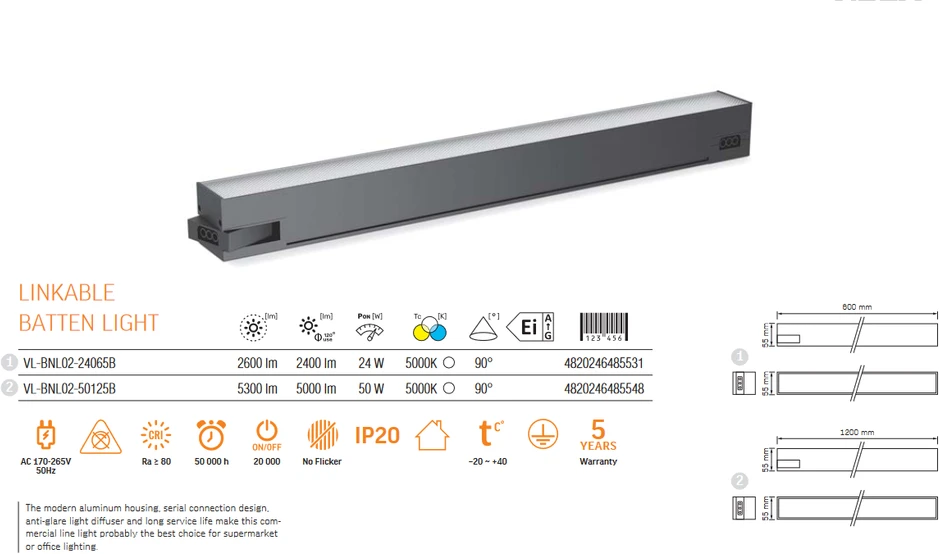 Pakabinamas šviestuvas Linijinis LED šviestuvas 50W 1200mm, sujungiamas linija, 5000Lm 5000K, IP20, juodas, VIDEX VL-BNL02-50125B | Neutrali balta šviesa – Masyvus juodo aliuminio korpusas efektyviam aušinimui