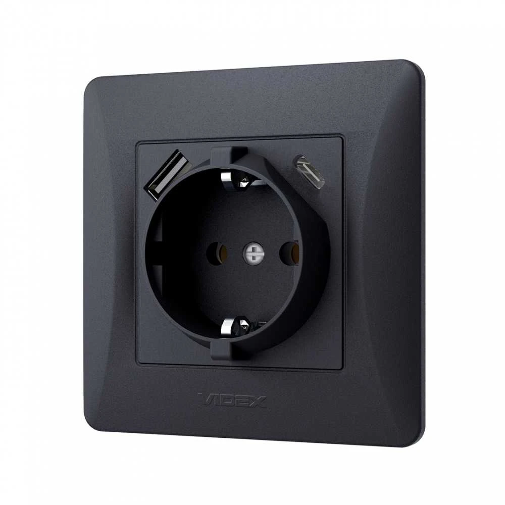 Potinkinis kištukinis lizdas 1V + prievadai (USB-A + USB-C), Videx Binera, juodas grafitas, IP20 VF-BNSK1GUC-BG – integruoti USB-A ir USB-C lizdai tiesioginiam išmaniųjų telefonų krovimui