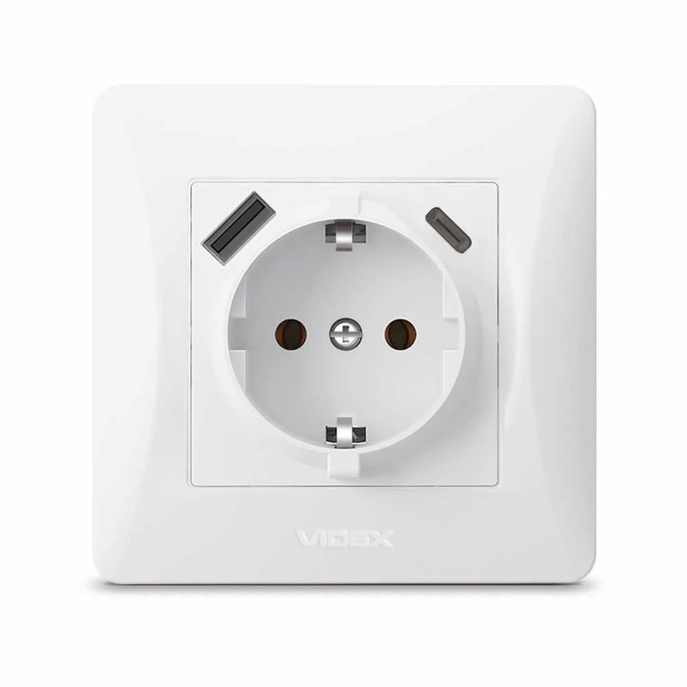 Potinkinis kištukinis lizdas 1V + prievadai (USB-A + USB-C), Videx Binera, balta, IP20 VF-BNSK1GUC-W – integruoti USB-A ir USB-C lizdai tiesioginiam išmaniųjų telefonų krovimui