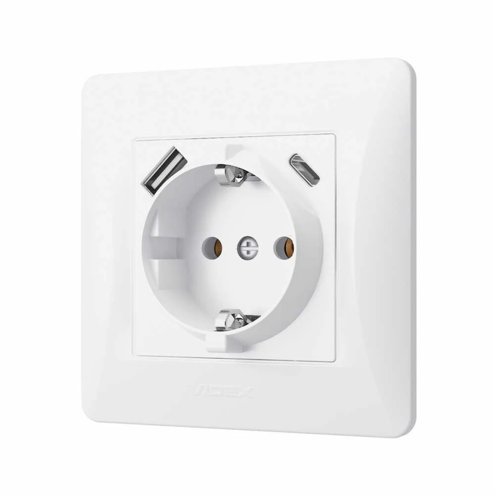 Potinkinis kištukinis lizdas 1V + prievadai (USB-A + USB-C), Videx Binera, balta, IP20 VF-BNSK1GUC-W – integruoti USB-A ir USB-C lizdai tiesioginiam išmaniųjų telefonų krovimui