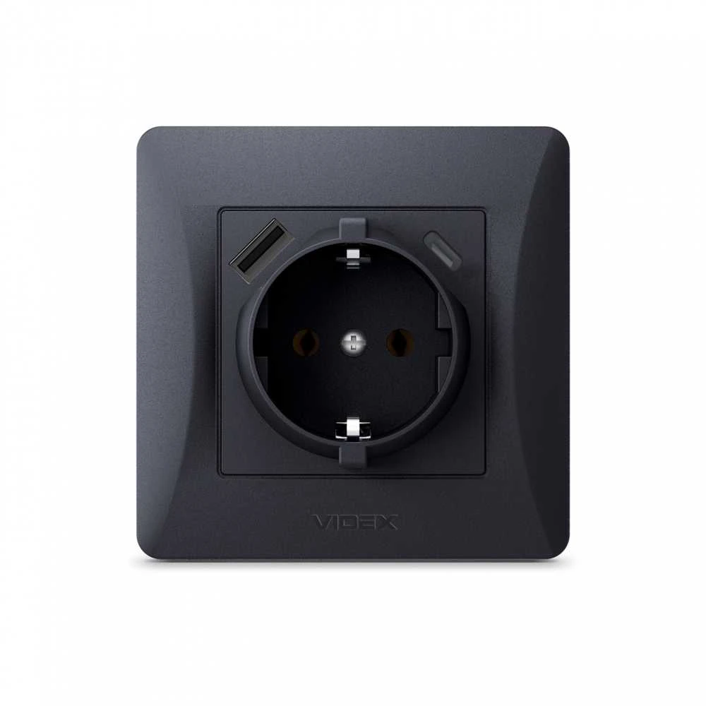 Potinkinis kištukinis lizdas 1V + prievadai (USB-A + USB-C), Videx Binera, juodas grafitas, IP20 VF-BNSK1GUC-BG – integruoti USB-A ir USB-C lizdai tiesioginiam išmaniųjų telefonų krovimui