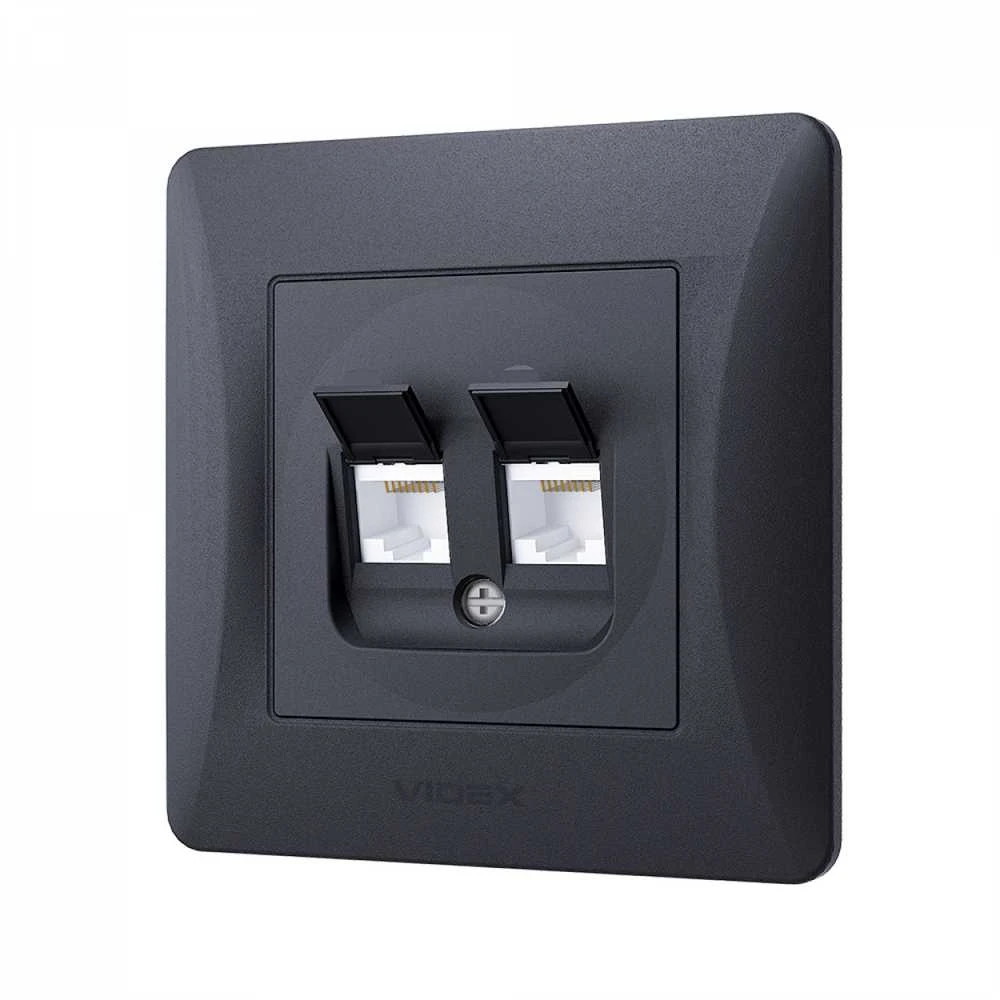 Potinkinis duomenų lizdas Cat6+Cat6 (RJ45 kištukas), Videx Binera, juodas grafitas, IP20 VF-BNSK2PC6-BG – dvigubas RJ45 duomenų prievadas greito kabelinio interneto tiekimui