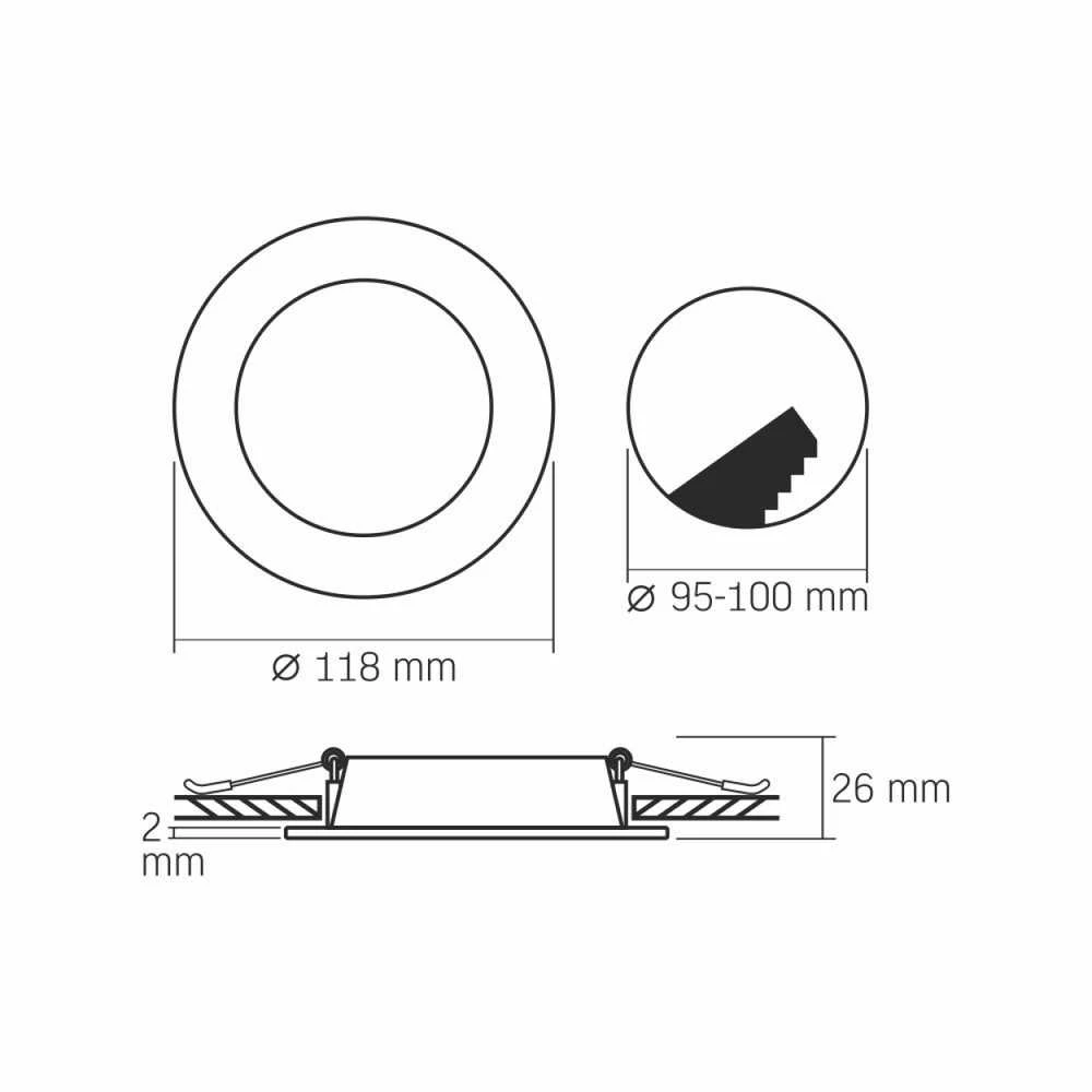 Įmontuojamas LED skydelis 6W 620Lm 4000K IP20, VIDEX VLE-DLBR-064B | Apvalus, juodas – Žemo profilio dizainas montavimui sekliose lubose
