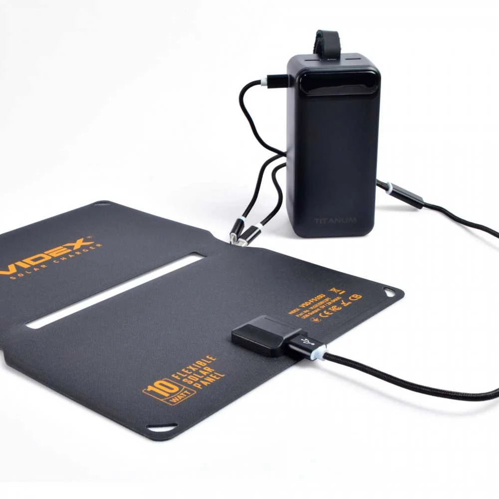 Nešiojamas saulės panelis 10W, Mono+ETFE, 1 USB, 252x163x17mm (atvertas 252x325x14mm), IP68, 300g, VIDEX VSO-F510U – Sulankstomas kišeninio dydžio modulis greitam telefonų įkrovimui plaukiant valtimi