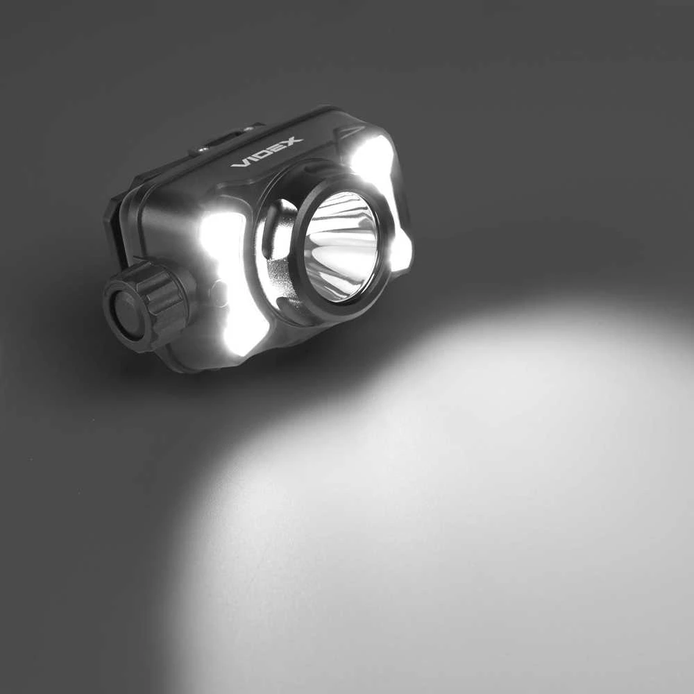 Įkraunamas galvos žibintas LED CREE XPG3 5W + 3W COB + Raudonas, 410Lm 5000K, Li-pol 1800mAh, VIDEX VLF-H147 – Įmontuotas raudonos šviesos režimas naktinio matymo apsaugai