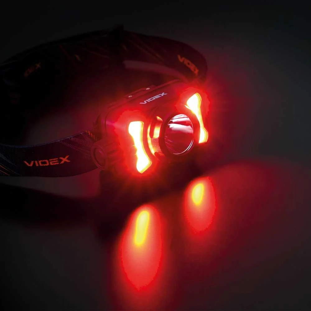 Įkraunamas galvos žibintas LED CREE XPG3 5W + 3W COB + Raudonas, 410Lm 5000K, Li-pol 1800mAh, VIDEX VLF-H147 – Įmontuotas raudonos šviesos režimas naktinio matymo apsaugai