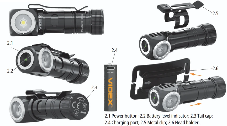 Įkraunamas LED žibintuvėlis Luminus SST20 10W + SMD Raudonas, 200Lm 5000K, Li-ion AA 1.5V 2200mAh, VIDEX VLF-A056H – Universalus 90 laipsnių kampinis žibintuvėlis su magnetu pagrinde un galvos dirželiu