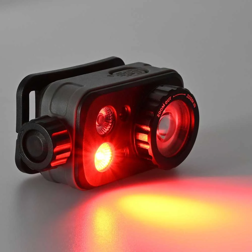 Įkraunamas galvos žibintas su judesio jutikliu LED Luminus SST20 10W, 500Lm 5000K + SMD 3W Raudonas/Žalias, Li-pol 2000mAh, VIDEX VLF-H046Z – Optinis ZOOM fokusavimui ir medžioklės šviesos spektras