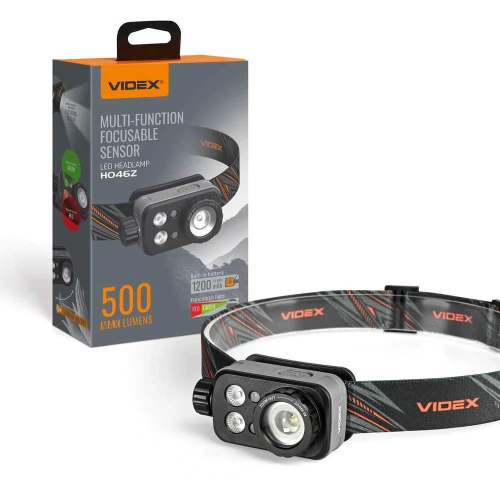 Įkraunamas galvos žibintas su judesio jutikliu LED Luminus SST20 10W, 500Lm 5000K + SMD 3W Raudonas/Žalias, Li-pol 2000mAh, VIDEX VLF-H046Z – Optinis ZOOM fokusavimui ir medžioklės šviesos spektras