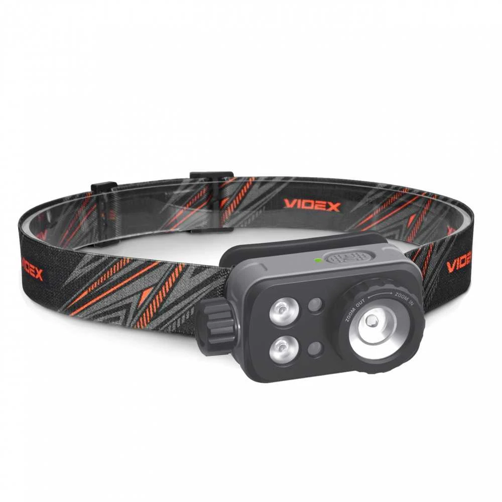 Įkraunamas galvos žibintas su judesio jutikliu LED Luminus SST20 10W, 500Lm 5000K + SMD 3W Raudonas/Žalias, Li-pol 2000mAh, VIDEX VLF-H046Z – Optinis ZOOM fokusavimui ir medžioklės šviesos spektras