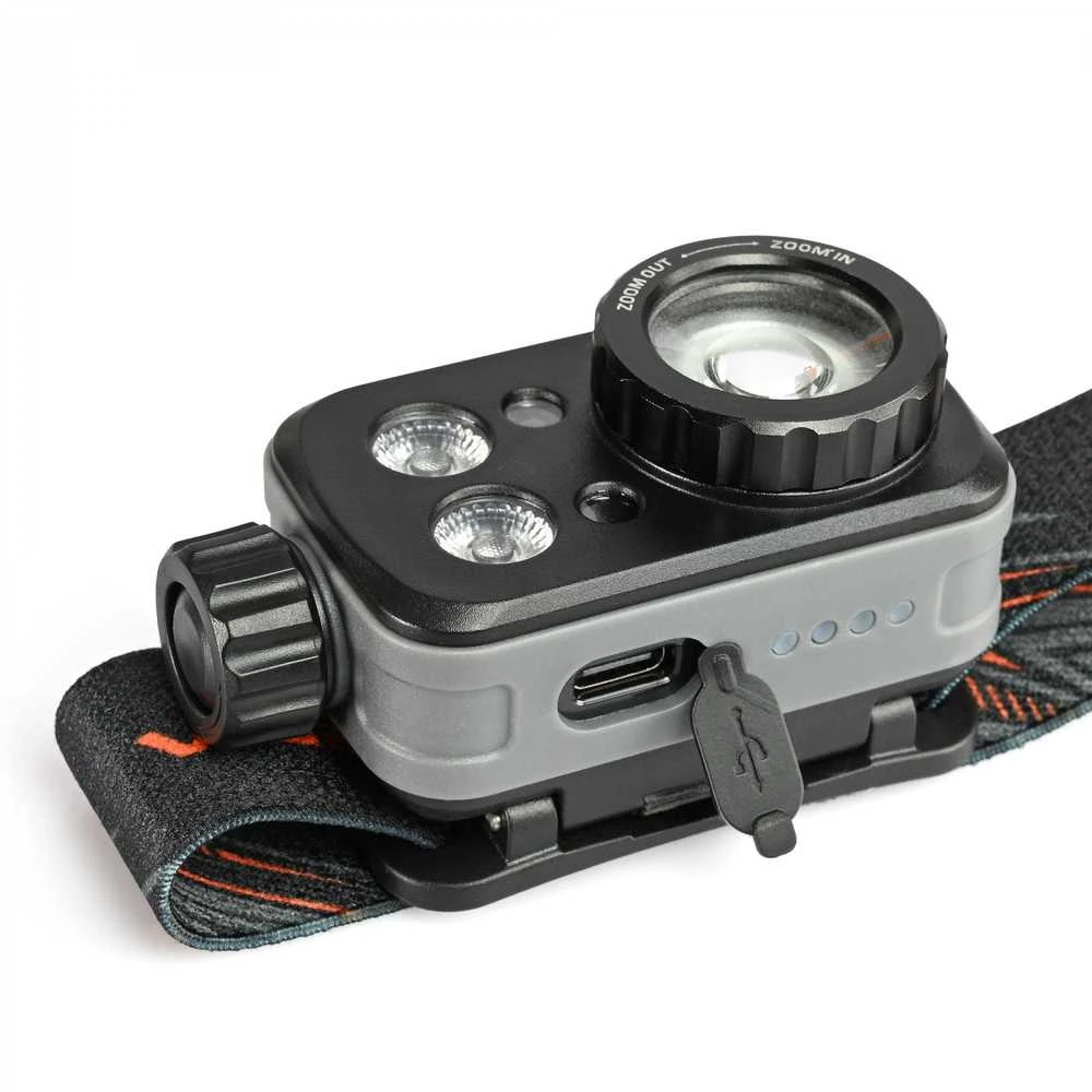 Įkraunamas galvos žibintas su judesio jutikliu LED Luminus SST20 10W, 500Lm 5000K + SMD 3W Raudonas/Žalias, Li-pol 2000mAh, VIDEX VLF-H046Z – Optinis ZOOM fokusavimui ir medžioklės šviesos spektras