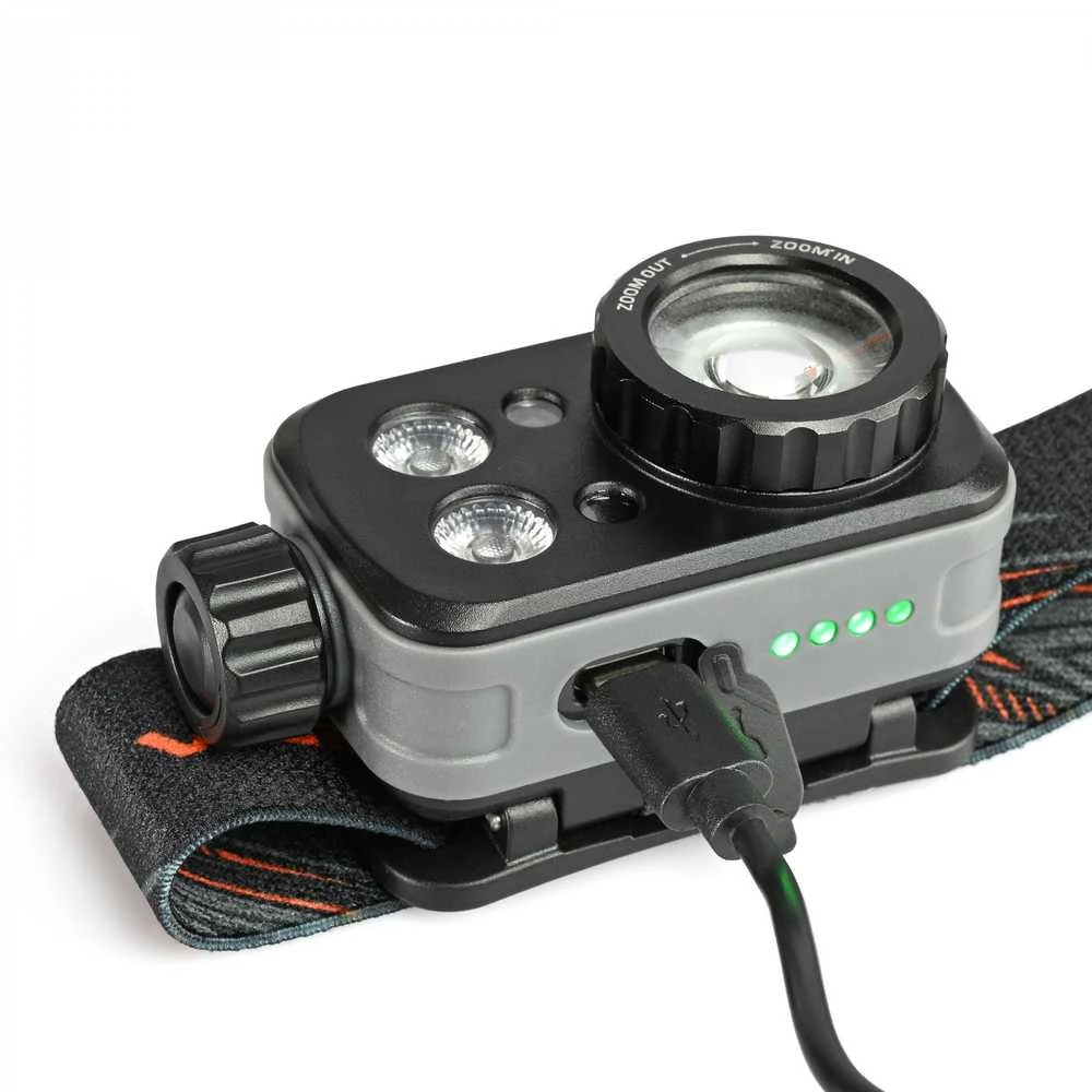 Įkraunamas galvos žibintas su judesio jutikliu LED Luminus SST20 10W, 500Lm 5000K + SMD 3W Raudonas/Žalias, Li-pol 2000mAh, VIDEX VLF-H046Z – Optinis ZOOM fokusavimui ir medžioklės šviesos spektras