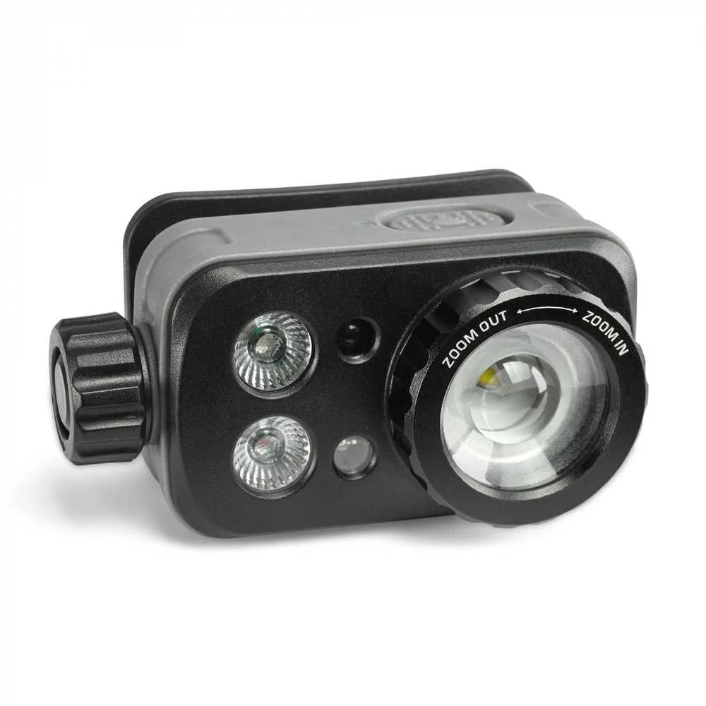 Įkraunamas galvos žibintas su judesio jutikliu LED Luminus SST20 10W, 500Lm 5000K + SMD 3W Raudonas/Žalias, Li-pol 2000mAh, VIDEX VLF-H046Z – Optinis ZOOM fokusavimui ir medžioklės šviesos spektras
