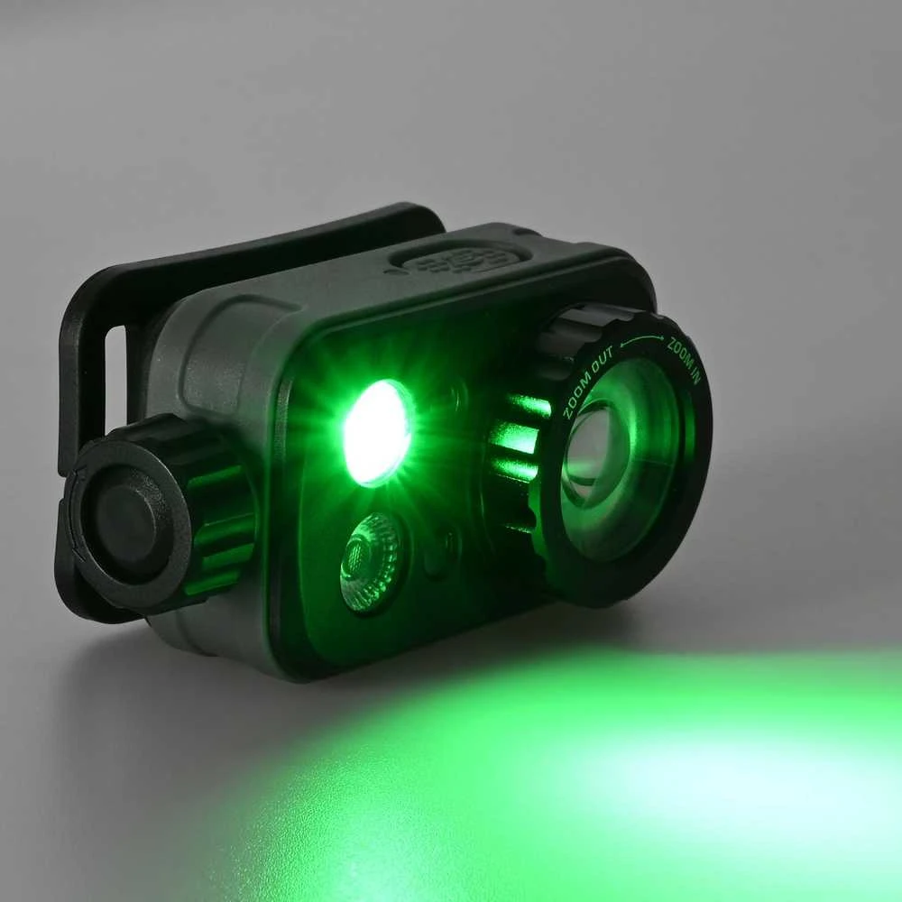 Įkraunamas galvos žibintas su judesio jutikliu LED Luminus SST20 10W, 500Lm 5000K + SMD 3W Raudonas/Žalias, Li-pol 2000mAh, VIDEX VLF-H046Z – Optinis ZOOM fokusavimui ir medžioklės šviesos spektras