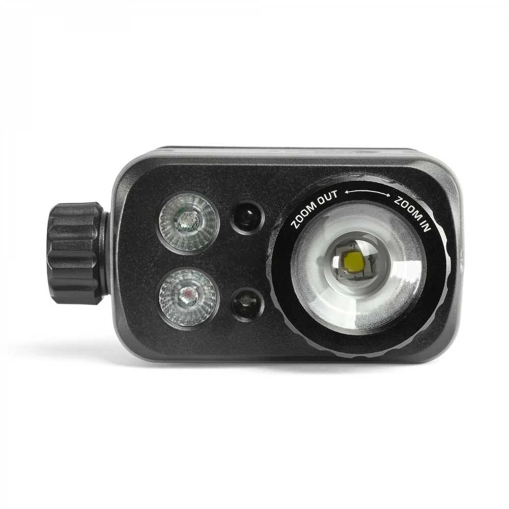 Įkraunamas galvos žibintas su judesio jutikliu LED Luminus SST20 10W, 500Lm 5000K + SMD 3W Raudonas/Žalias, Li-pol 2000mAh, VIDEX VLF-H046Z – Optinis ZOOM fokusavimui ir medžioklės šviesos spektras