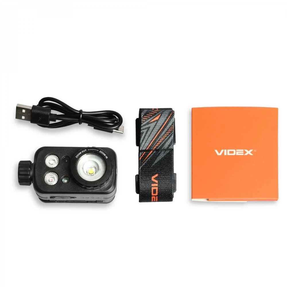 Įkraunamas galvos žibintas su judesio jutikliu LED Luminus SST20 10W, 500Lm 5000K + SMD 3W Raudonas/Žalias, Li-pol 2000mAh, VIDEX VLF-H046Z – Optinis ZOOM fokusavimui ir medžioklės šviesos spektras