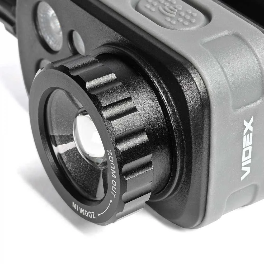 Įkraunamas galvos žibintas su judesio jutikliu LED Luminus SST20 10W, 500Lm 5000K + SMD 3W Raudonas/Žalias, Li-pol 2000mAh, VIDEX VLF-H046Z – Optinis ZOOM fokusavimui ir medžioklės šviesos spektras